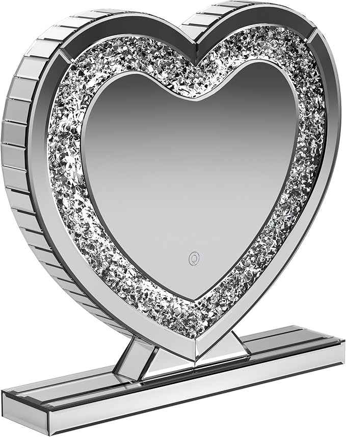 Coaster Home Furnishings - Euston - Wood - Heart Vanity Mirror with Built-in LED Light, Acrylic Crystal Inlay, Decorative Shape and Freestanding Base - Bedroom - Silver - 961528