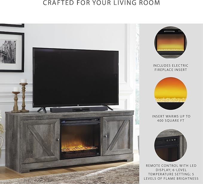 Signature Design by Ashley Wynnlow Farmhouse 63" TV Stand for TVs up to 72" with Electric Fireplace, Light Gray
