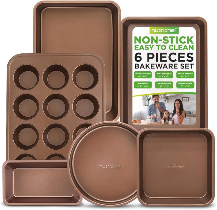 NutriChef 6-Piece Nonstick Bakeware Set, Carbon Steel Baking Pans, Includes Cookie Trays, Wide & Square Bake Pan, Bread Loaf & Round Cake Pan, Muffin Pan - Gold