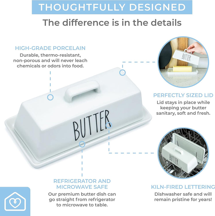 Heartland Home Porcelain Covered Butter Dish with Lid for Countertop (Lid with Handle). 7.6" x 3.8" Butter Holder Container for One Stick of Butter. Textured Tray Butter Keeper for Non Slip Storage
