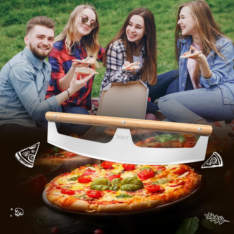 Pizza Cutter Rocker with Wooden Handles & Protective Cover by ZOCY
