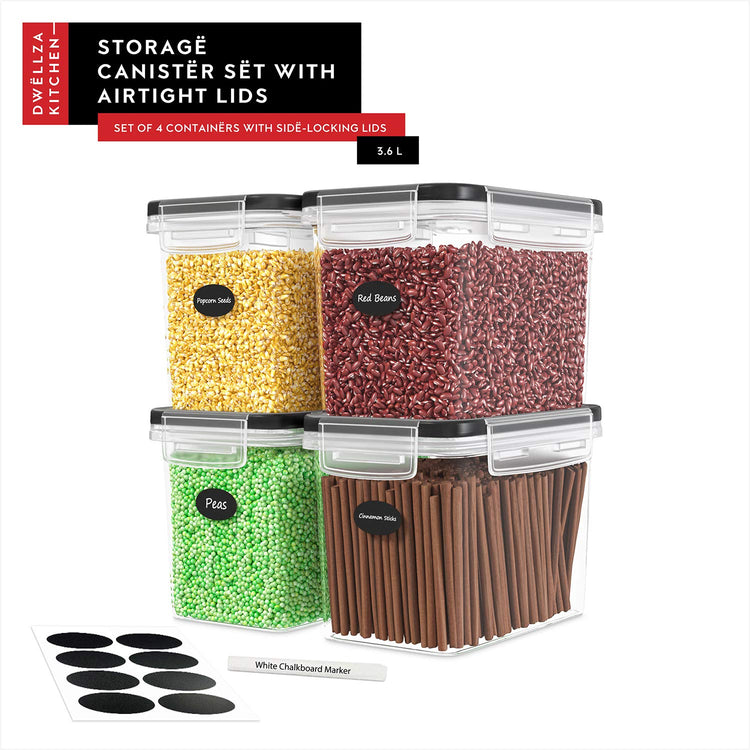 Flour Sugar Storage Containers Set of 4; 3.6L Plastic Airtight Food Storage Containers with Lids for Kitchen Pantry Organization and Storage (4 Count)