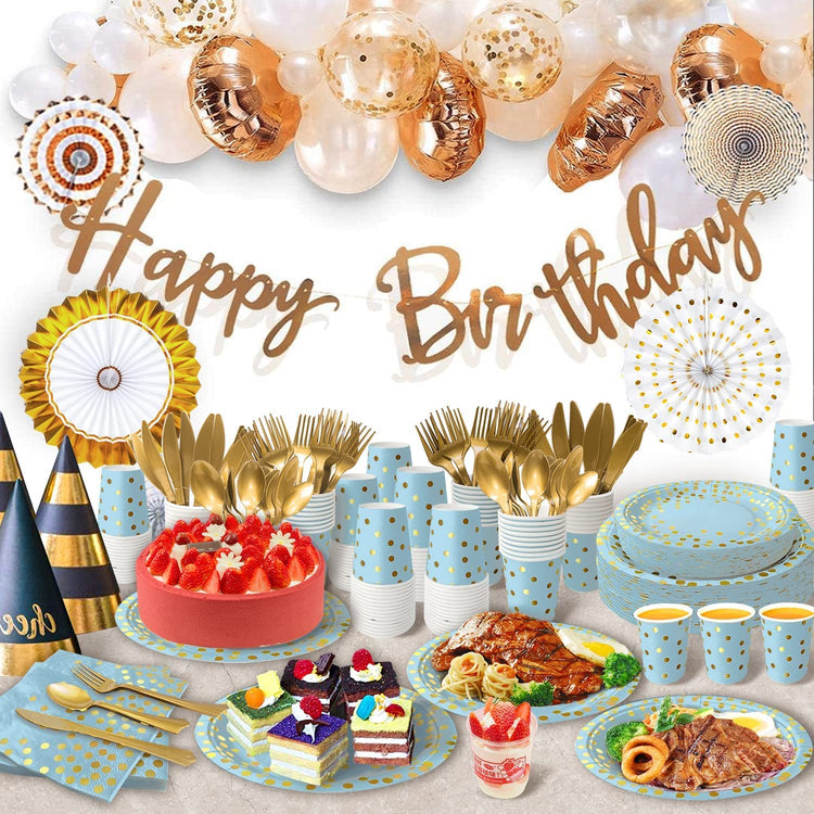 Blue Gold Paper Plates Set (175 Count)