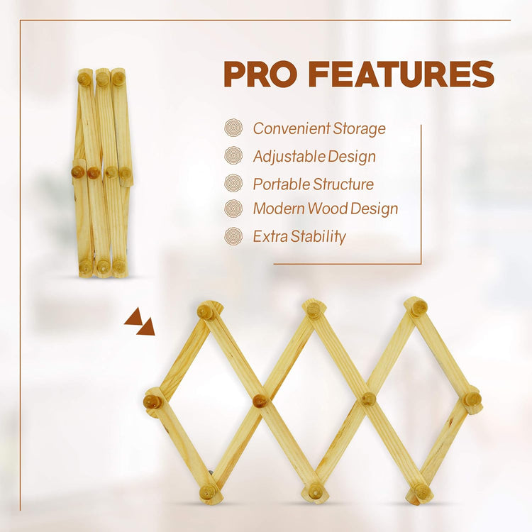 RAM-PRO Accordion Style Wood Expandable Rack Hat, Cap, Belt, Umbrella Coffee Mug Wall wooden Pegs (Set of 2)