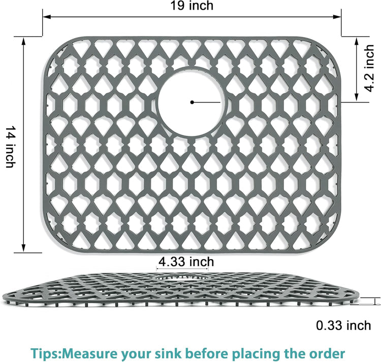 Sink Protectors for Bottom of Kitchen Sink 13x11 &16x12 &21x16 &22x13 &24x13 &26x14 &28x14 &30x16, Large Farmhouse Silicone Mats Grid (19”x14”, Rear Drain)