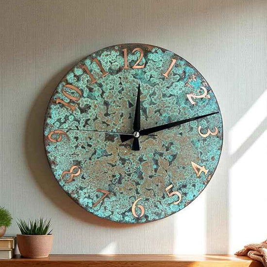 Handmade Pure Copper Wall Clock for Home Decoration, Decor Clock for Living Room, Bedroom and Kitchen, Rustic Decorative Mural Clock Art for Farmhouse (Numbers of Patina, 11)