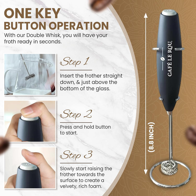Cafe le Rou Milk Frother Handheld Battery Operated - Double Whisk with Stand. Batteries included. Electric Foam Maker, Drink Mixer with Stainless Steel Whisk