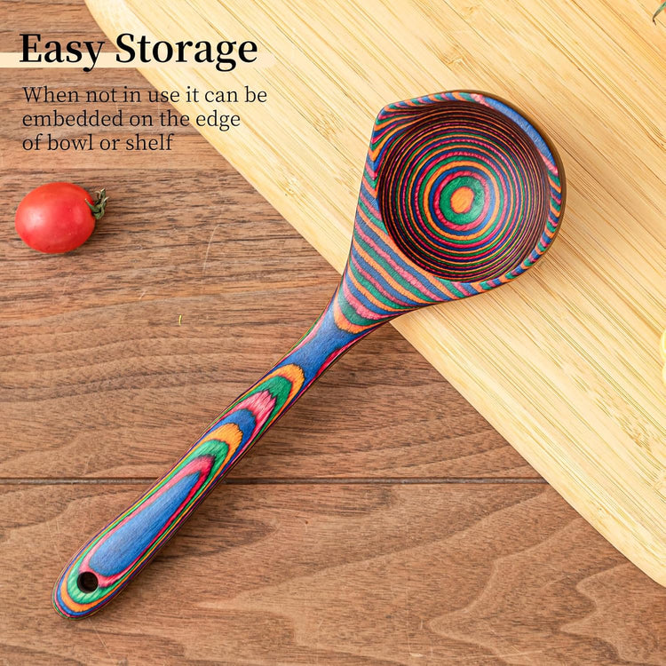 Gudamaye Pakkawood Rainbow Deep Soup Ladle with Spout, 9.6 inch Big Soup Ladle for Cooking