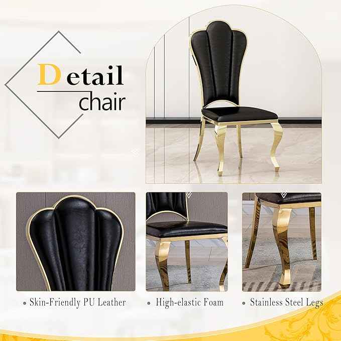 AF ARTISAN FURNITURE 7 Piece Luxury Dining Room Set, Modern Dining Table and Upholstered Chairs Set, Marble Kitchen Table Set for 6, Big Kitchen Dinner Tables Kit with Gold Base