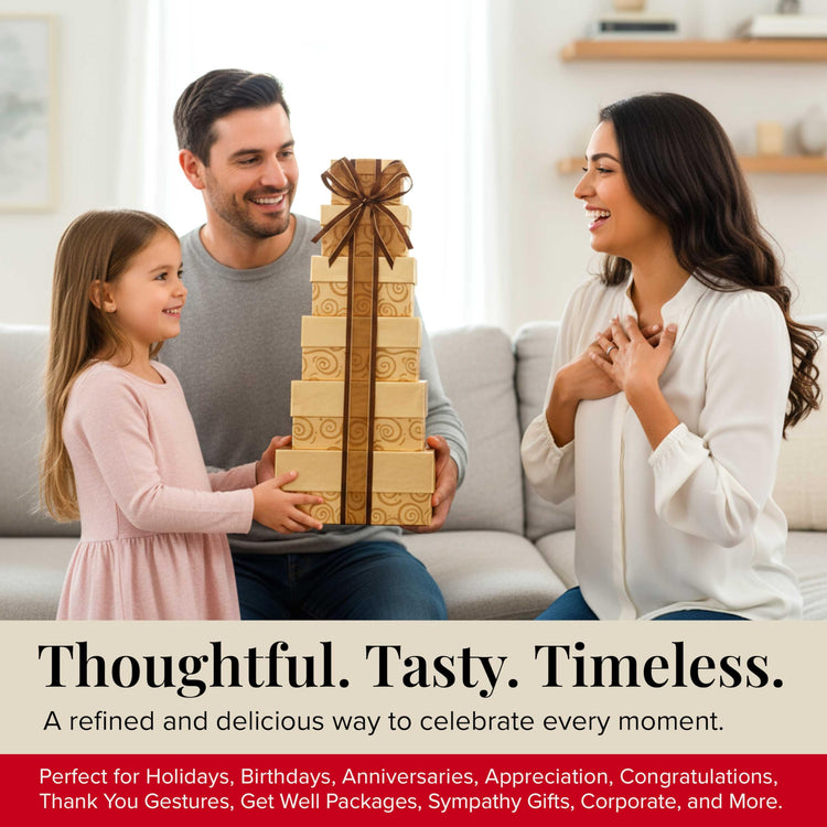 Glittering Gold Gift Tower with Cookies Snacks & Treats (64 Ounce)