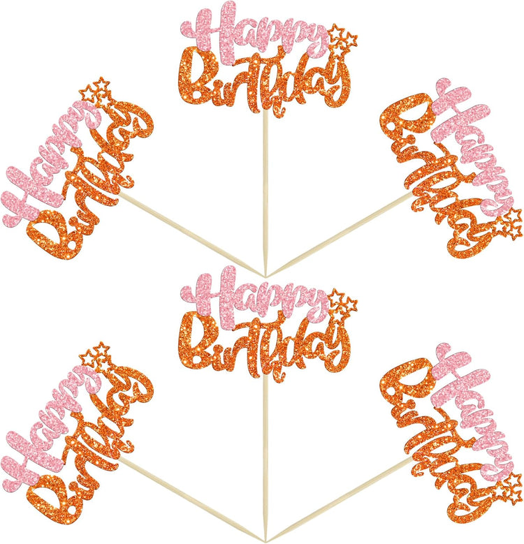 Ephlyn 24Pcs Happy Birthday Cupcake Toppers - Double Layer Glitter - Pastel Pink Orange - Perfect for Birthday, Baby Shower & Anniversary Parties