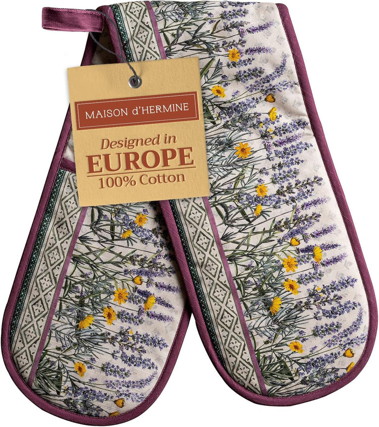 Maison d' Hermine Double Oven Mitts 100% Cotton 7"x35" Double Oven Mitt Heat Resistant BBQ Cooking Gloves with Loop, Baking, Grilling, Home, Kitchen, Handling Hot Pans Spring Summer (Fanny Lavender)
