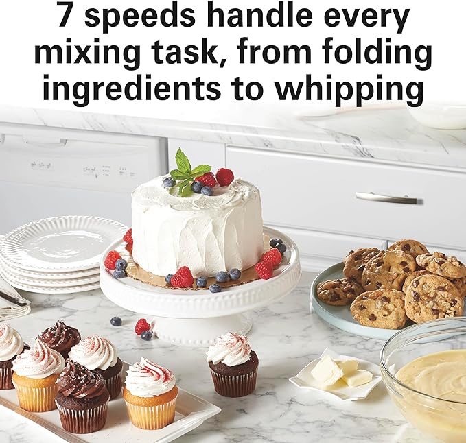 Hamilton Beach Electric Stand Mixer, 4 Quarts, Dough Hook, Flat Beater Attachments, Splash Guard 7 Speeds with Whisk, Rose