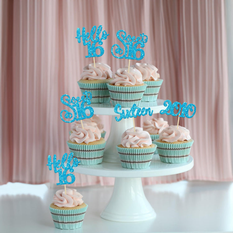 24Pcs Happy 16th Birthday Cupcake Toppers Glitter Hello 16 Sweet 16 Cupcake Picks Sixteen Years Old Birthday Cake Decorations for Celebrating 16th Anniversary Party Supplies Blue (24 Count)
