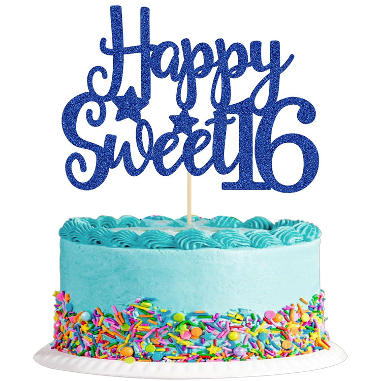 1Pc Happy Sweet 16 Cake Topper Blue Glitter Sweet 16 Birthday Cake Decoration Happy 16th Birthday Decorations for Girls Boys Party Supplies