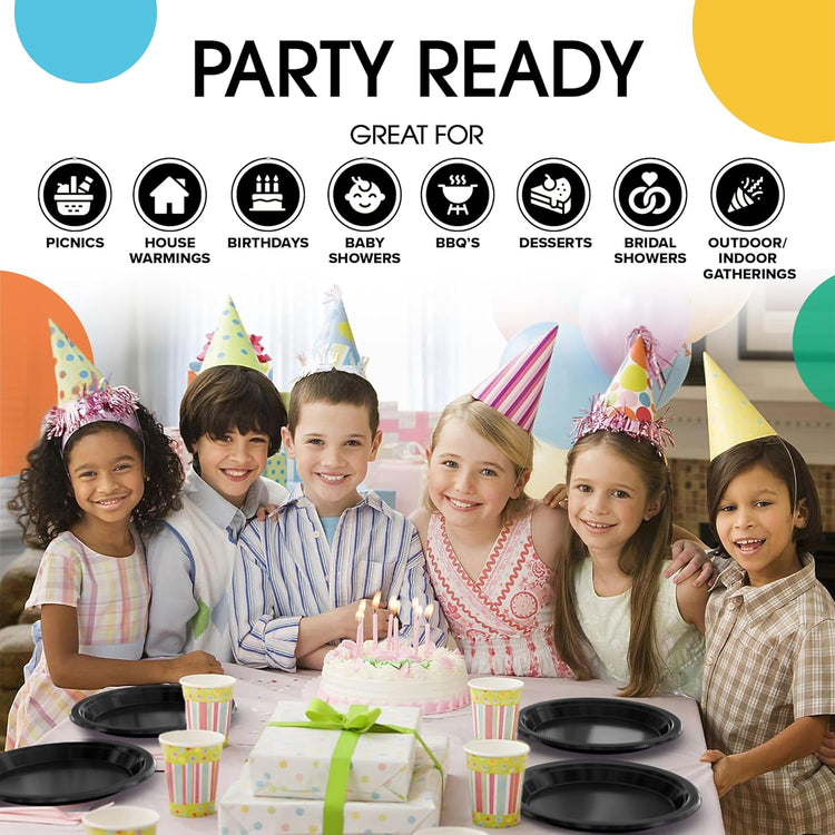 Exquisite Party Solids Black Plastic Plates For Party 7" Black Disposable Plates Heavy Duty Supplies 100 Pcs Plastic Dinnerware Sets Heavy Duty 350 GSM Disposable Dinnerware Set