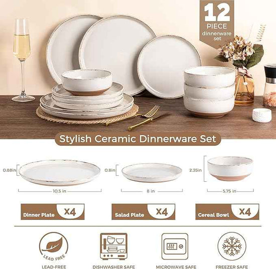AmorArc Ceramic Dinnerware Sets for 4, 12 Pieces Handpainted Plates and Bowls Set with Rustic Terracotta Underside, Scratch Resistant Stoneware Dishes Set, Dishwasher & Microwave Safe, Beige