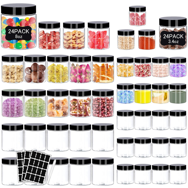Plastic Jars with Lids 48 Pcs 8 oz & 3.4 oz Clear Plastic Slime Storage Jars Containers with Airtight Black Screw On Lids Cylinder Clear Round Jar Easy Clean Food Grade Durable Jar (48 Count)