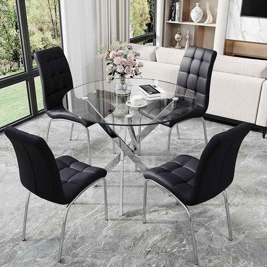 5 Piece Round Glass Dining Table Set, Round Tempered Glass Kitchen Table Set for 4, Modern Table Set with 4 High-Back Upholstered Chairs for Kitchen Dining Room (Silver Legs, 4 Black Chairs)