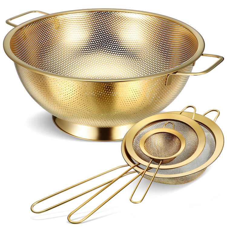 5 Quart Gold Colander and 3 Metal Fine Mesh Strainer Set