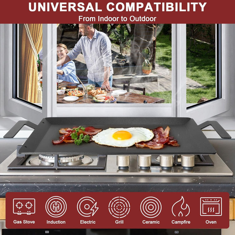 Carbon Steel Griddle - Professional Cookware Griddle Pan for Induction, Stove Top, Gas Grill, Cooktop, Electric and more, 24" x 10" NonStick Flat Top Griddle Plate Skillet, Indoor/Outdoor Use - Nestoria