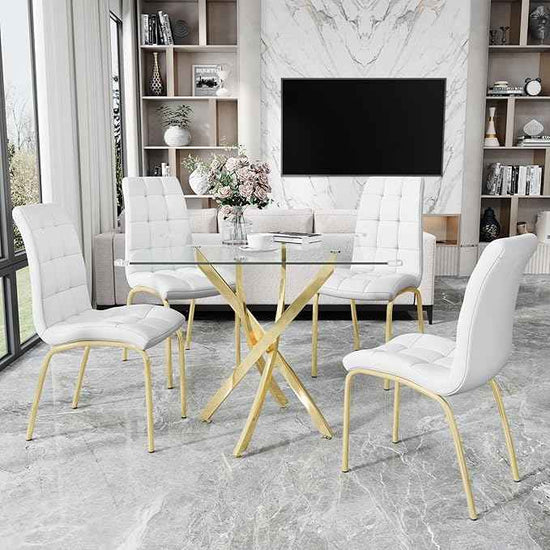 5 Piece Square Glass Dining Table Set, Round Tempered Glass Kitchen Table for 4, Modern Table with 4 High-Back Upholstered Chairs for Kitchen Dining Room (Gold Legs, 4 White Chairs)