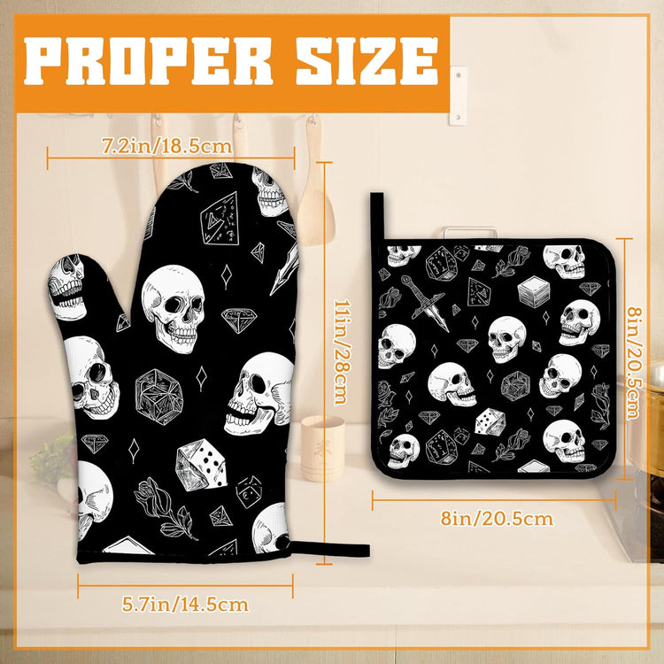 Skull Head Oven Mitts and Pot Holders, Rose Heat Resistant Oven Mitts Gloves and Pot Holder for Home Kitchen Decorations Cooking Baking BBQ Gifts,Set of 4