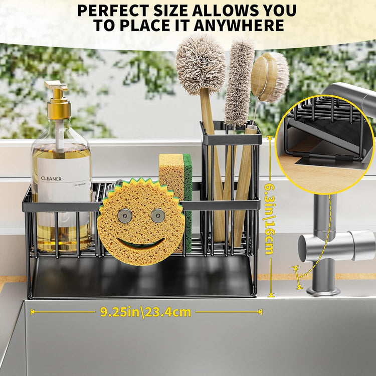 Cisily Sink Caddy With Smiley Face Sponge Holder, 304 Stainless Steel Rustproof(Black)
