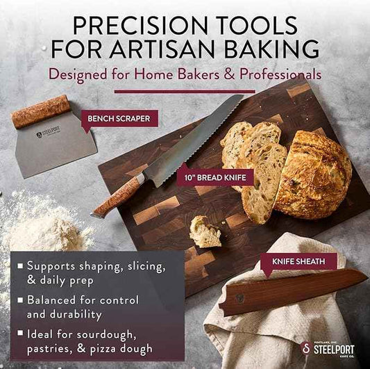 STEELPORT Sourdough Tool Set (3 Pcs.) – 10” Carbon Steel Serrated Bread Knife, Stainless Steel Bench Scraper & Wooden Sheath | Professional Artisan Baking Kit for Homemade Bread, Made in USA