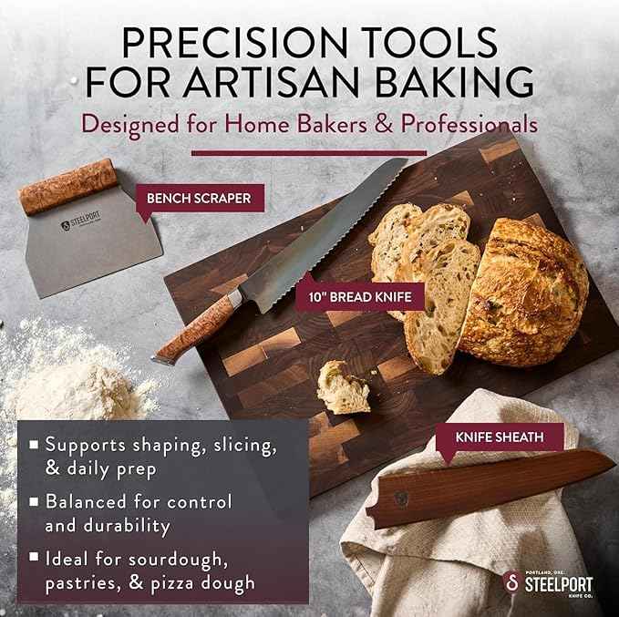 STEELPORT Sourdough Tool Set (3 Pcs.) – 10” Carbon Steel Serrated Bread Knife, Stainless Steel Bench Scraper & Wooden Sheath | Professional Artisan Baking Kit for Homemade Bread, Made in USA