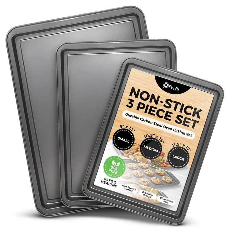 Non-Stick 3-Piece Baking Pan Set – Carbon Steel with Even Heat Distribution, Oven Safe to 446°F, BPA-Free, Dishwasher Safe, Stackable Baking Tools for Easy Storage and Everyday Cooking - Gray (3 Count)