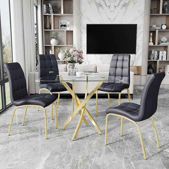 5 Piece Square Glass Dining Table Set, Round Tempered Glass Kitchen Table for 4, Modern Table with 4 High-Back Upholstered Chairs for Kitchen Dining Room (Gold Legs, 4 Black Chairs)