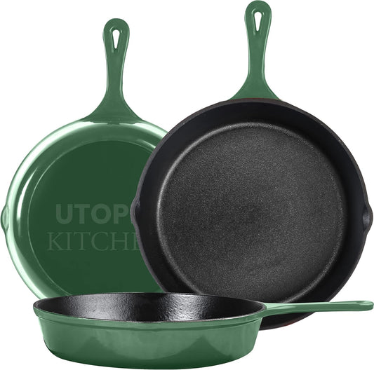 Utopia Kitchen Cast iron Skillets 3 Piece Set, Chefs Pan, Pre Seasoned Cast iron Skillets, 6, 8 & 10 Inches, Easy Use in the Oven, Stove, Grill, or Campfire, Green - Nestoria