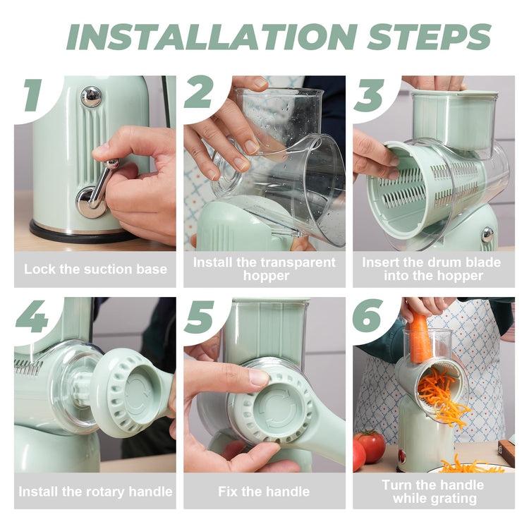 Rotary Cheese Grater Manual Hand Crank with 5 Blades & Suction Base