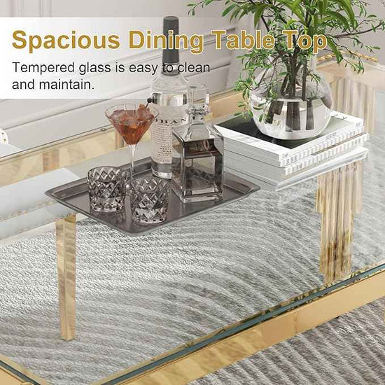 AF ARTISAN FURNITURE 53'' Glass Dining Table Set for 4, Kitchen Table Chairs Set of 4, Clear Gold Glass Dining Tables with Stainless Steel Legs, 4 Grey PU Dining Chairs, Living Room, Kitchen