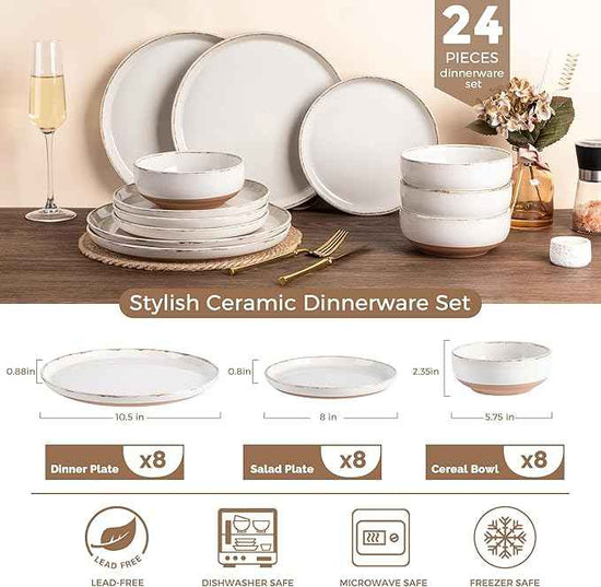 AmorArc 24 Pieces Ceramic Dinnerware Sets for 8, Handpainted Stoneware Plates and Bowls Set with Rustic Terracotta Underside, Scratch Resistant Dishes Set, Dishwasher & Microwave Safe