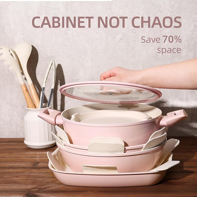 BECIGAR 23pcs Ceramic Pots and Pans Set, Nonstick Detachable Handle Cookware, Induction Kitchen Cooking Set with Removable Handle,include Frying Pans & Saucepans Oven Safe(Pink)