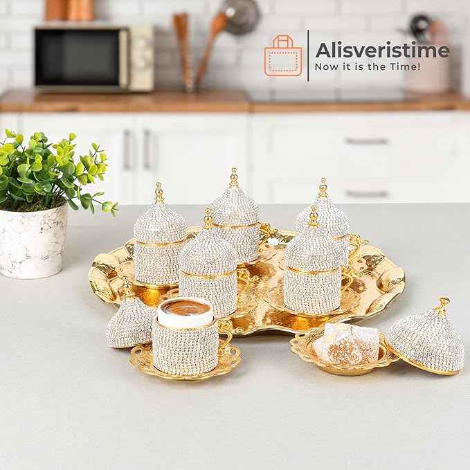 Alisveristime Crystal Embellished Turkish Coffee Set – 27 Pieces – Decorative Zamac Espresso Cups, Saucers and Sugar Bowl with Tray – Available in Three Color Variations (Gold)