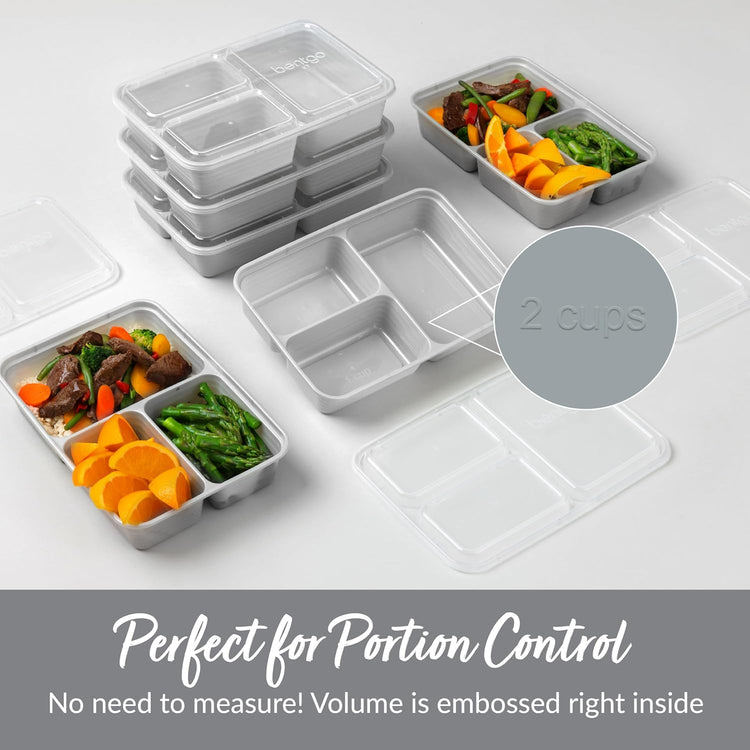 Bentgo 20-Piece Lightweight, Durable, Reusable BPA-Free 3-Compartment Containers - Microwave, Freezer, Dishwasher Safe - Silver