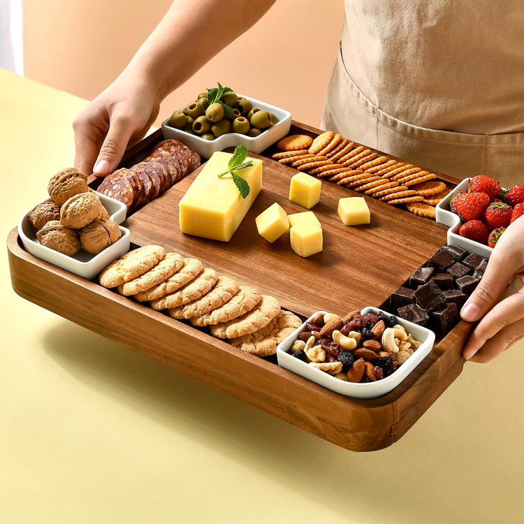 Shanik Upgraded Acacia Cheese Board Set, Square Shaped Charcuterie Set, Cheese Platter, Handcrafted Design and Stainless Steel Cutlery Set - Gift for Any Occasion No Engraving