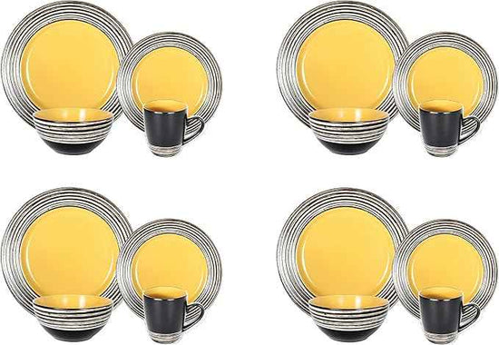 16 Piece Dinnerware Set, Ceramic Plates and Bowls Sets for 4, Microwave and Dishwasher Safe, Handcrafted Tree Bark Series Dish Set, Sunflower/Yellow