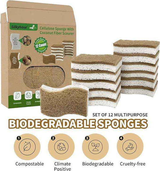 12 Pack Natural Kitchen Sponges, Biodegradable & Compostable | Non-Scratch Cellulose Coconut Fiber Sponges for Dishes, Pots & Pans | Eco-Friendly Cleaning Sponge