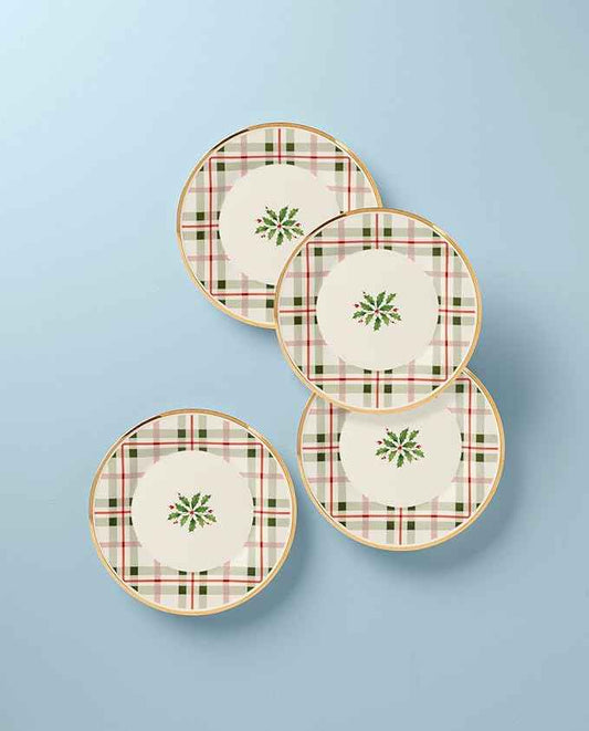 Lenox 894964 Holiday Plaid Accent Plates, Set of 4, Red & Green, Christmas Dinnerware, Hosting