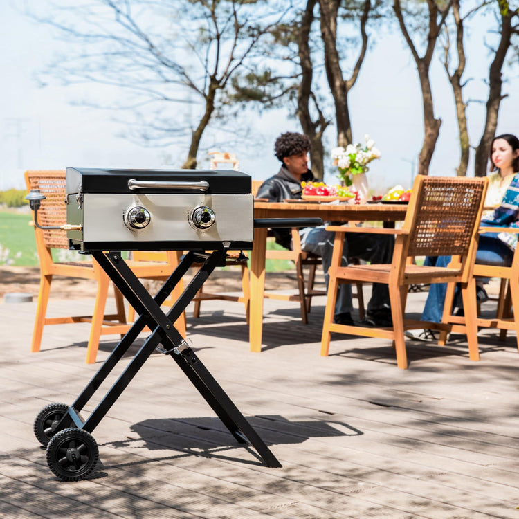 2 Burner BBQ Propane Gas Griddle with Collapsible Stand for Outdoor Cooking