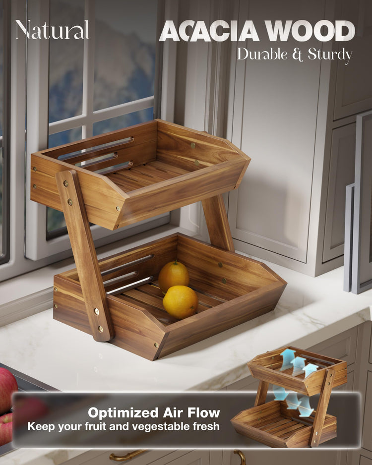 2 Tier Acacia Wood Fruit Stand for Kitchen Countertop Storage