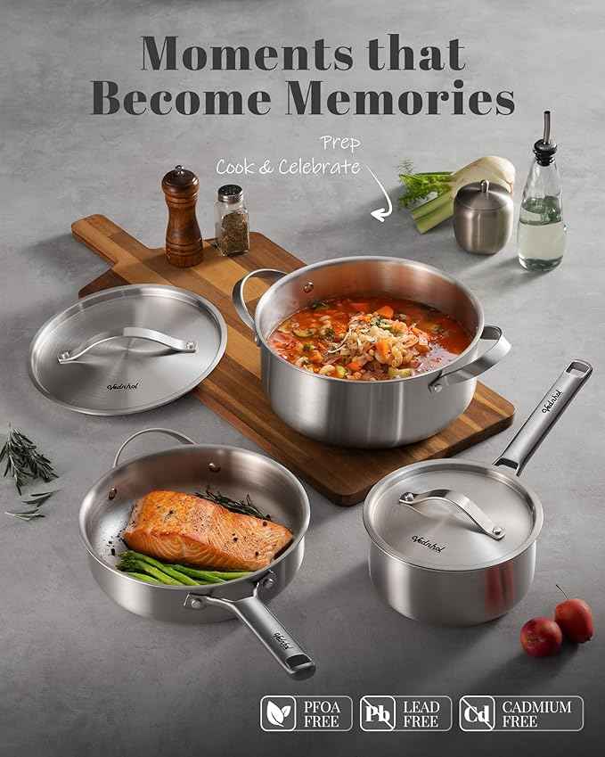 Stainless Steel Cookware Set, 8 Pcs Tir-Ply Pots and Pans Set, PFOA&PTFE Free, Dishwasher&Oven Safe, Kitchen Induction Compatible, ollas de acero inoxidable para cocinar