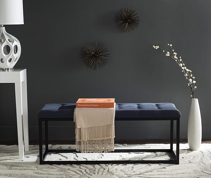 SAFAVIEH Home Collection – Reynolds Navy Tufted Upholstered Accent Bench, Modern Parsons-Style Open Frame Bench for Bedroom, Entryway or Living Room, Black Legs (FOX6225B)