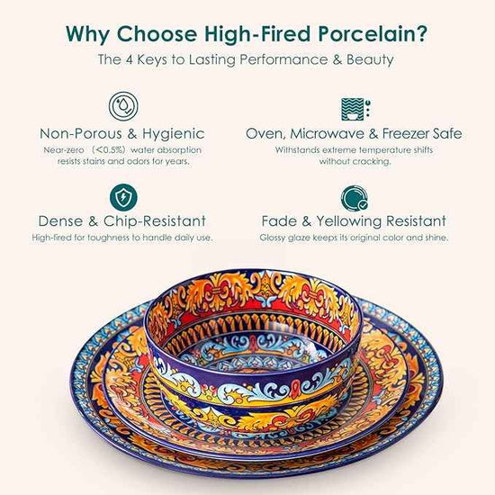 vancasso 18-Piece Dinnerware Sets,Ceramic Plates and Bowls Sets Service for 6, Bohemian Style Porcelain Dishes Set for 6, Microwave and Dishwasher Safe, Scratch Resistant,Non Toxic, Series KRVI