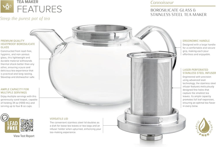 Teabloom Connoisseur Glass Teapot with Stainless Steel Infuser for Loose Tea – 4-Cup Capacity, Stovetop-Safe, Durable Borosilicate Glass, Perfect for Hot and Iced Tea