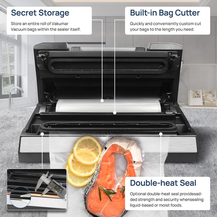Vakumar Liquid Vacuum Sealer Machine, 90Kpa Vacuum Sealer Machine Preservation Dry/Moist/Liquid Modes, LED Indicator Light, Handle Locked Design, Built-in Cutter and Bag Storage, Removable Drip Tray